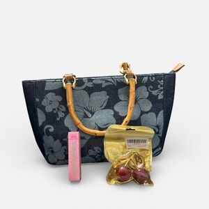 Blue Denim  Floral Print Tote Bag with Bamboo Handles. (Just the bag)